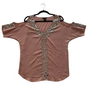 MODA International Women’s‎ Tan Sequin Cold Shoulder Blouse Top Size Medium
